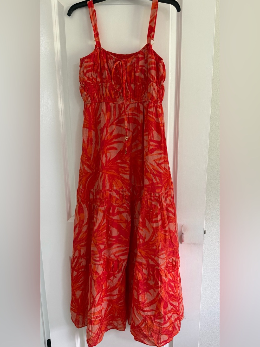 Taylor Bright Red Orange Flowy Strapless Maxi Dress pockets Lined Boho